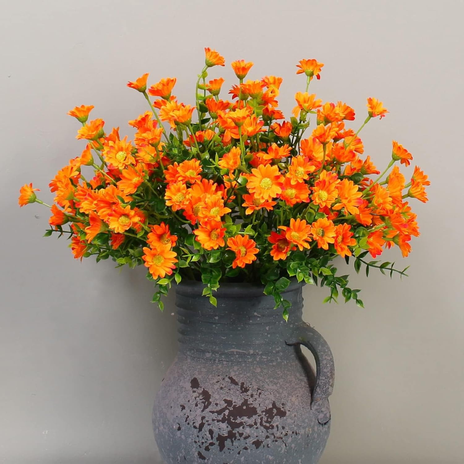 8 Bundles Artificial Flowers for Outdoors Faux Mums UV Resistant Plastic Fall Plants Fake Greenery Orange Daisy Bulk