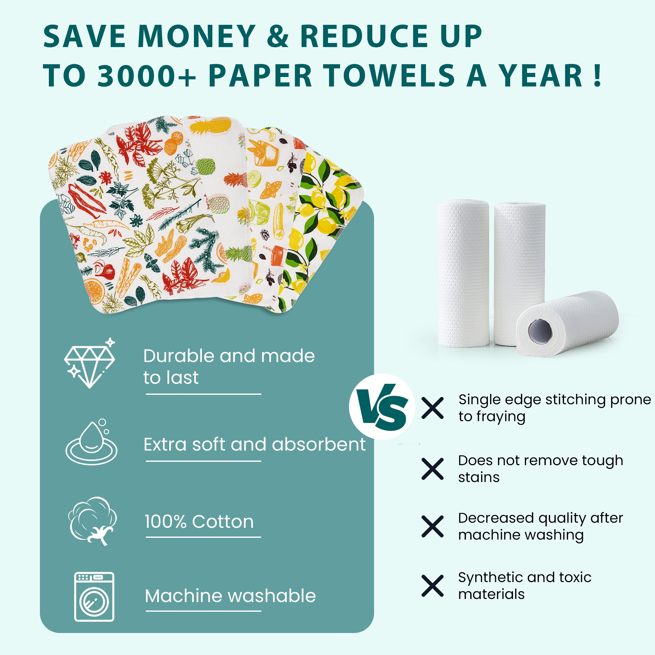 Reusable Paper Towels Value Pack of 24 Paperless Towels, 100% Cotton, Absorbent, Super Soft Washable Kitchen Cloth 10" x 12" Eco Friendly Cloth Napkin