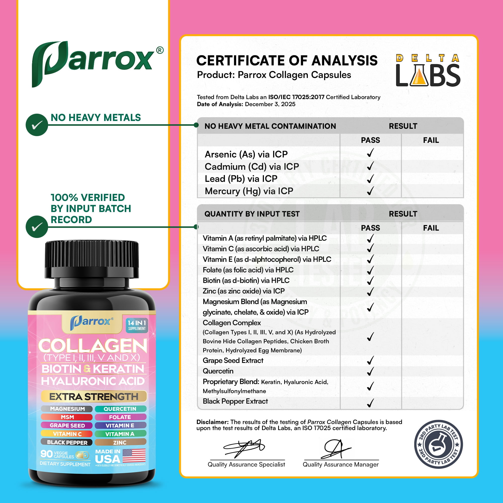 Parrox Collagen Peptides Types I, II, III, V & X, MCG Biotin, Keratin, Hyaluronic Acid, MSM, Zinc, Grape Seed Extract, Quercetin, Vitamin A, Vitamin C, Vitamin E, Magnesium, Folic Acid (180 Capsules)
