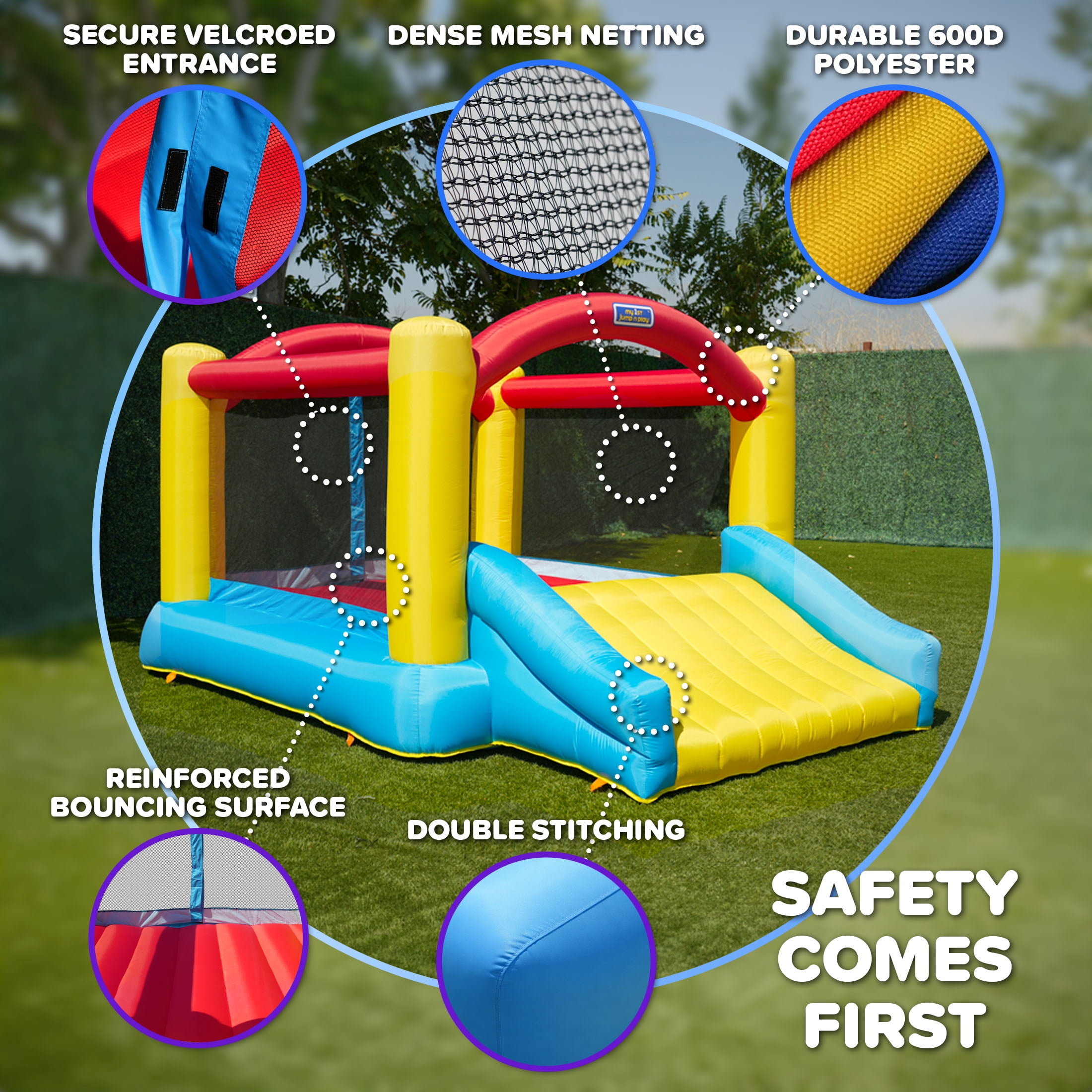 Sportspower inflatable bounce house with slide for kids, indoor outdoor bouncy castle jumper, blow up jump house with air blower, backyard playground, ASTM certified, Heavy Duty, My first Jump N Play