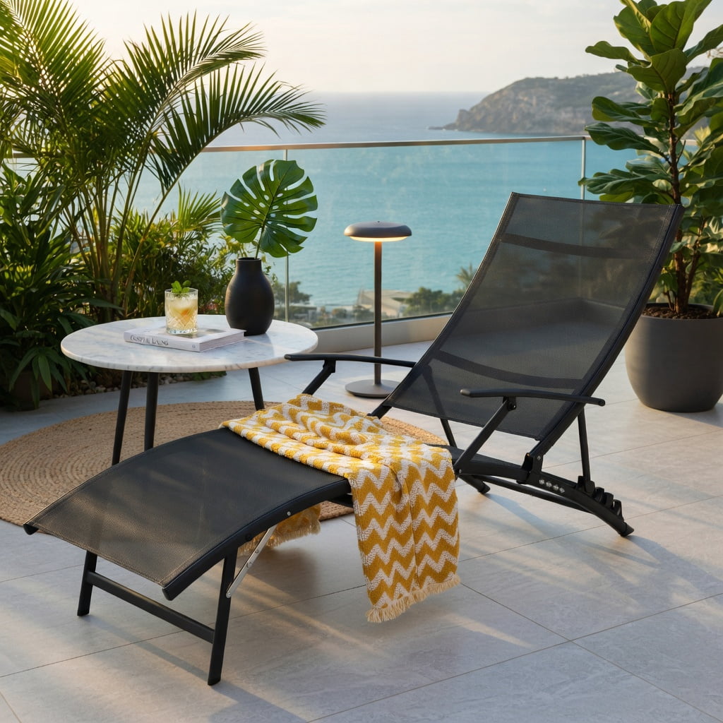 Hommoo 2-Pack Folding Stackable Outdoor Chaise Lounge Chairs with 5-Position Adjustable Backrest, Rustproof Steel Frame & Quick-Dry Fabric,for Patio, Poolside & Backyard Use, Black