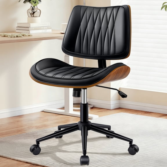 COOLHUT Home Office Chair, Armless Adjustable Height Small Office Desk Chair, PU Leather Swivel Computer Chair, Modern Walnut Bentwood Chair for Office, Reading Meeting Room, Makeup Vanity, Black