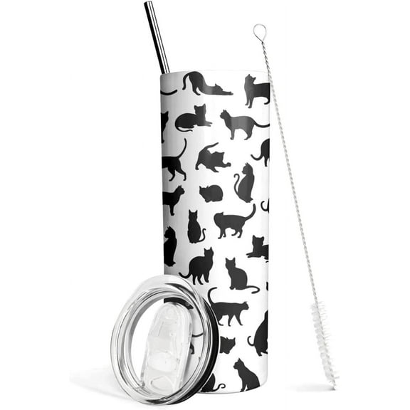 Cat Tumbler, Black Cat Gifts for Cat Lovers, Cat Cup/Travel Mug, Cat Lover Gifts for Women, Cute Black Cat Ornament/Things, Cute Coffee Tumbler for Women, Kawaii Cat Cup- 20 Oz Cat Insulated Tumbler