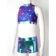 thumbnail image 4 of HULIJA Kids Girls Shiny Sequins Mock Neck Crop Top with Booty Shorts Set Gymnastics Dancewear Purple Fish Scales 8, 4 of 7