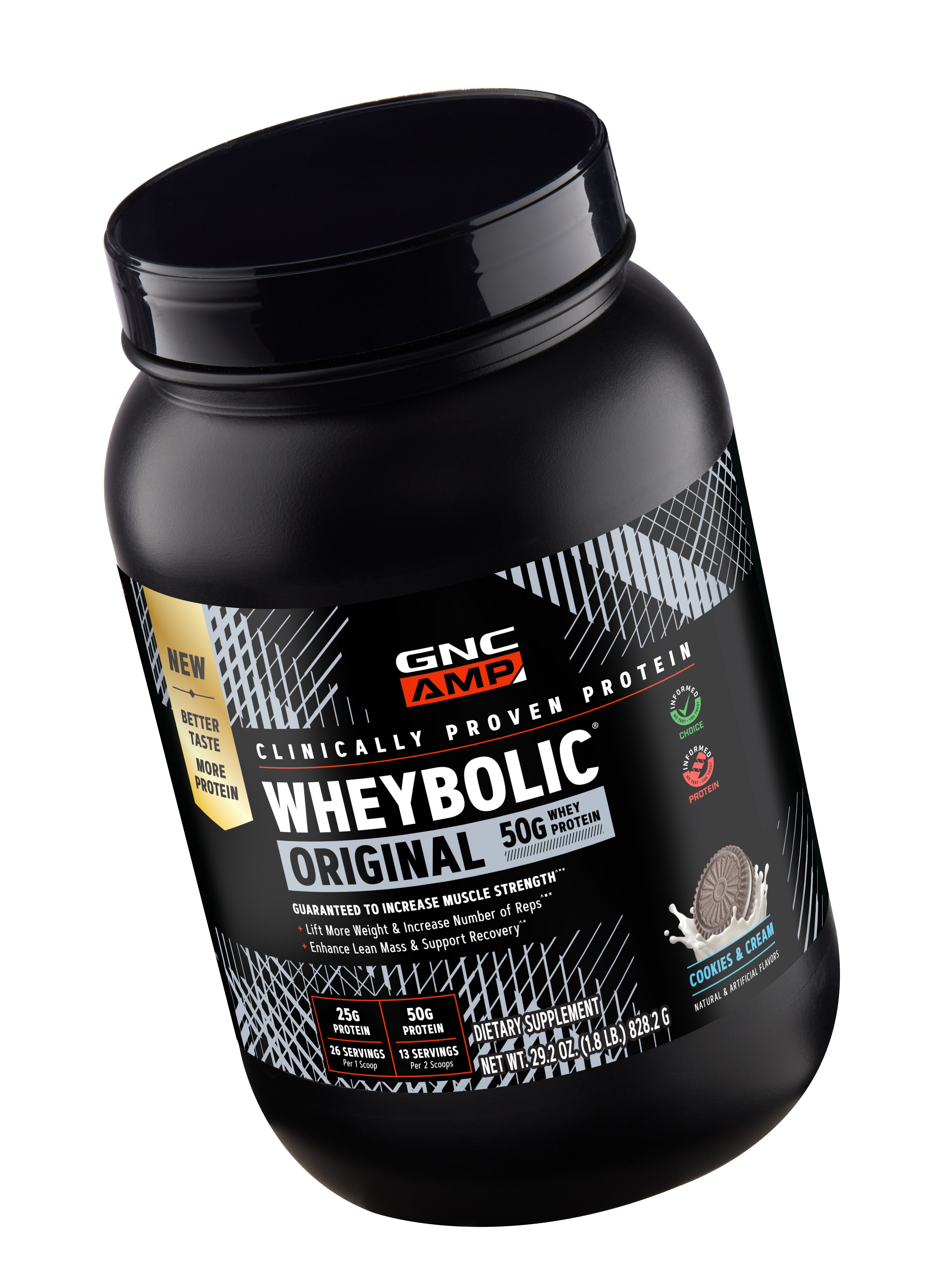 GNC AMP Wheybolic Clinically Proven Protein Powder, 50g Whey Protein, BCAA, Leucine, Increases Muscle Strength, Muscle Building, 3rd Party Tested, Gluten Free, Cookies & Cream 13 Servings