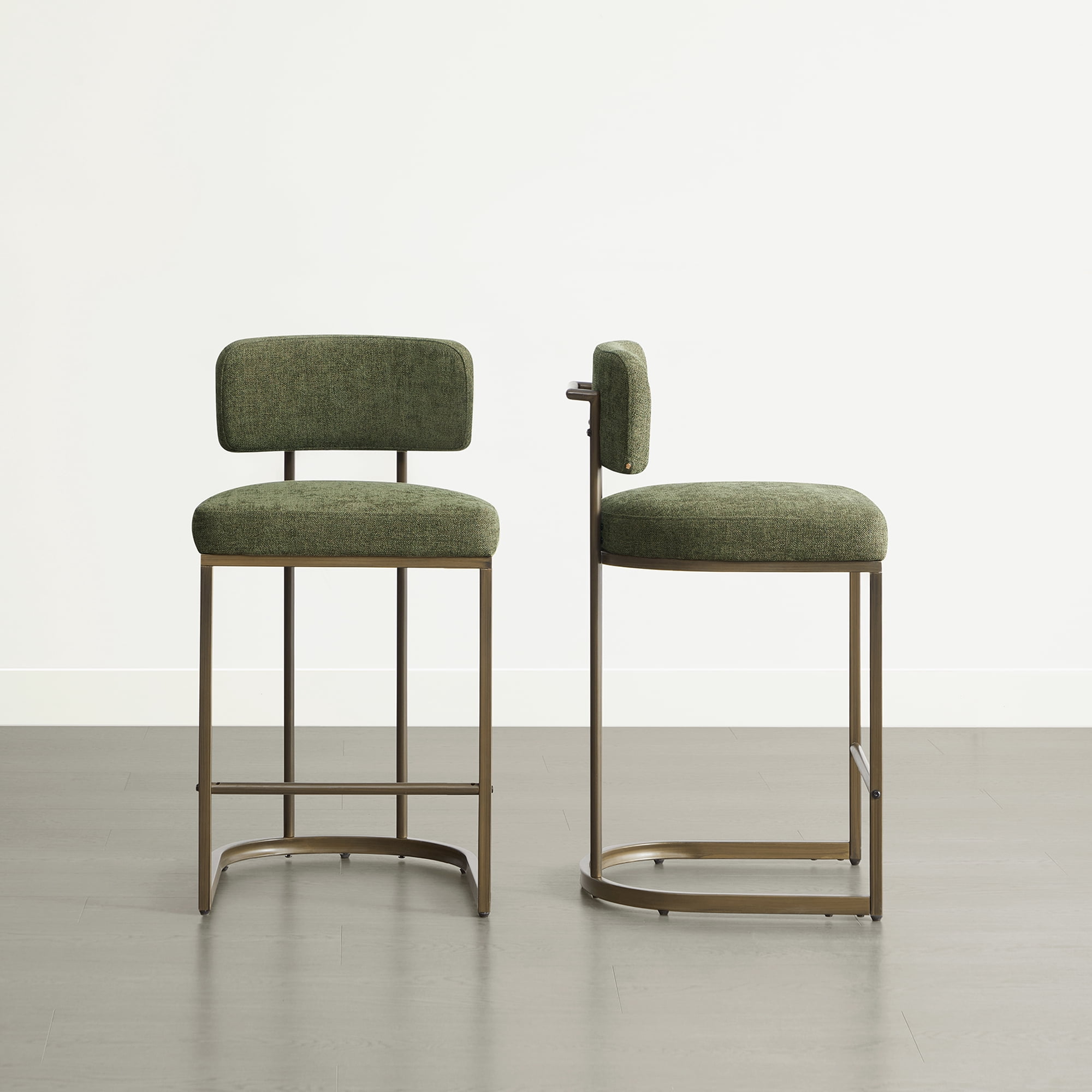 Spruce & Spring Modern 26-Inch Counter Bar Stool Set with Brass Frame Set of 3, Moss Green with Brass Frame