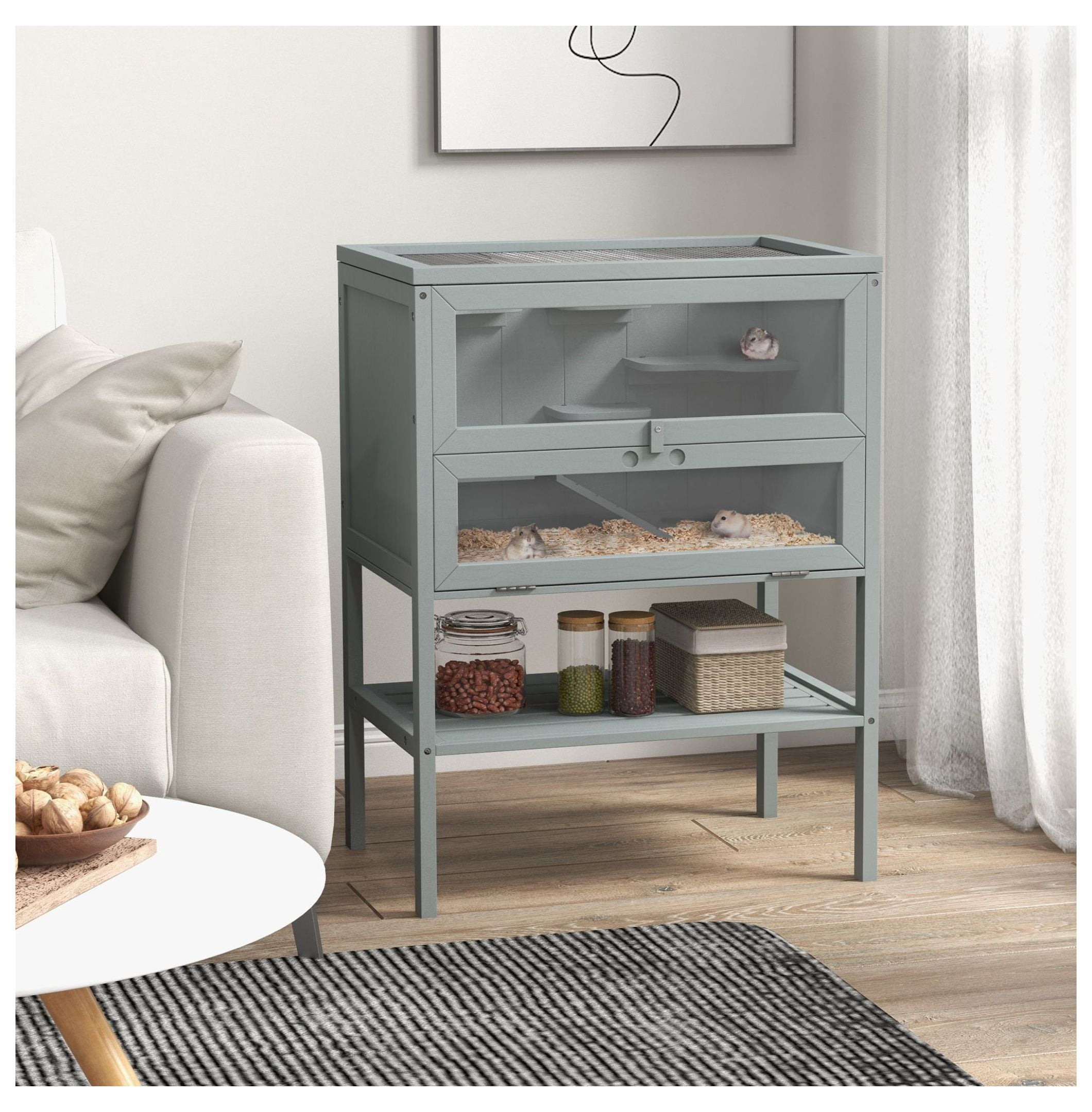 3-Tier Wooden Large Hamster Cage, Mice and Rat Cage Small Animals Hutch with Openable Top, Front Door, , Gray