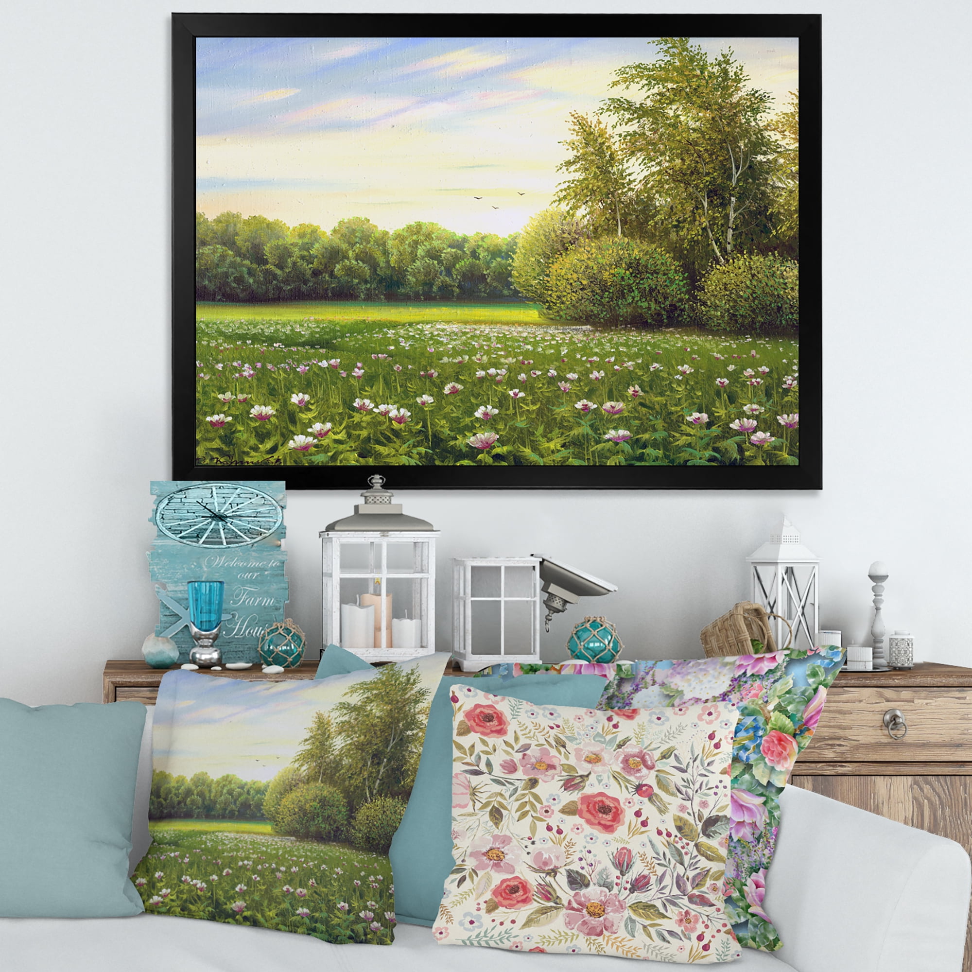 Spring Trees By The Flowers and Meadows 32 in x 24 in Framed Painting Canvas Art Print, by Designart