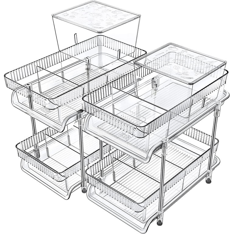 StoreHappily 2 Pack 2 Tier Clear Organizer with Dividers Multi-purpose  Under Sink Organizers and Storage Pull Out Cabinet Organizer Plastic Drawer