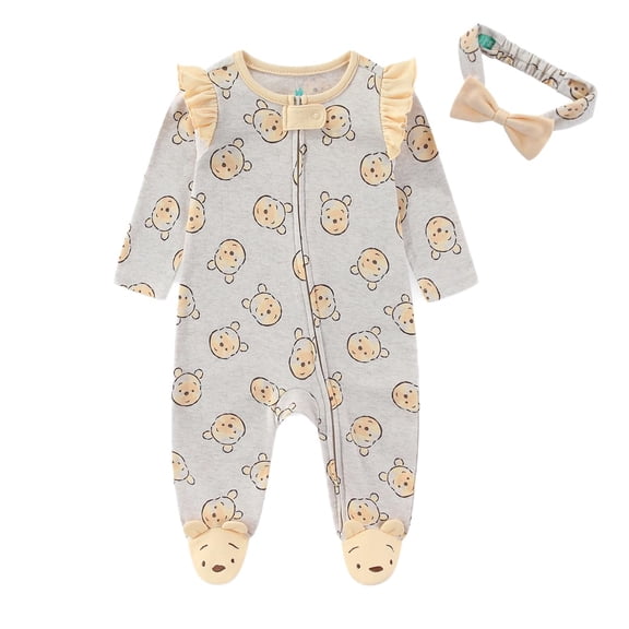 Disney Winnie the Pooh Long Sleeve Footies Coverall Romper With Headband (Baby Girls), 2 Piece Set, Sizes 3M-9M