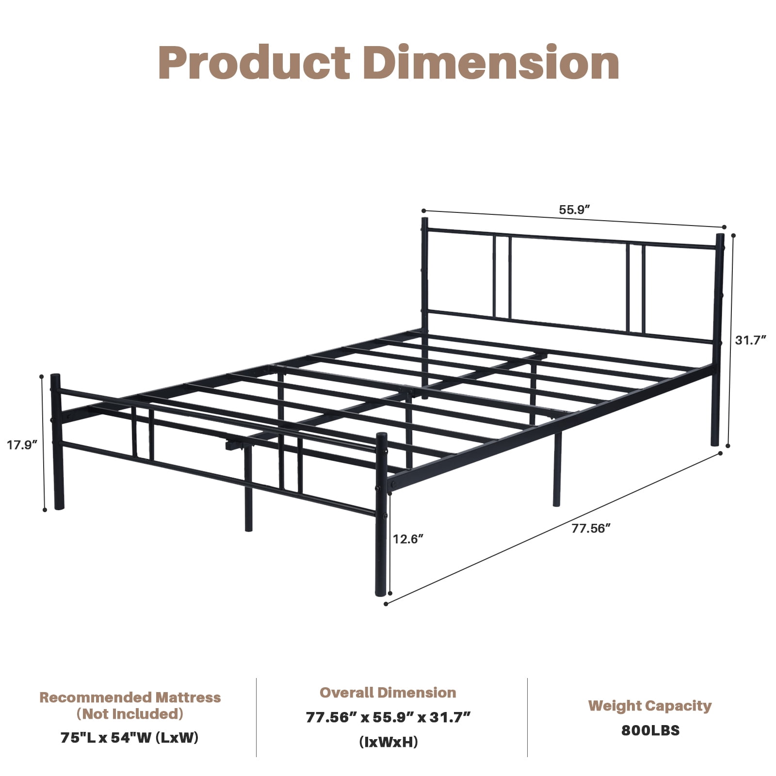 Full Bed Frame, Upholstered Full Size Platform Bed Frame with Headboard, Wood Slats Support, No Box Spring Needed, Noise Free, Black