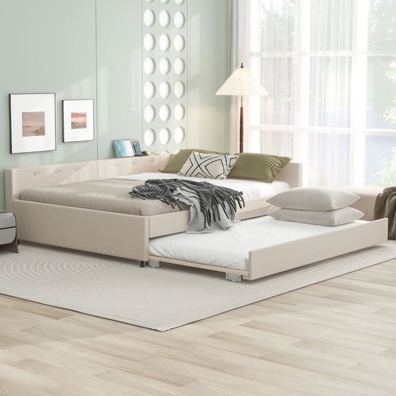 LHKJ Queen Upholstered Platform Bed with USB and Twin Trundle, Beige