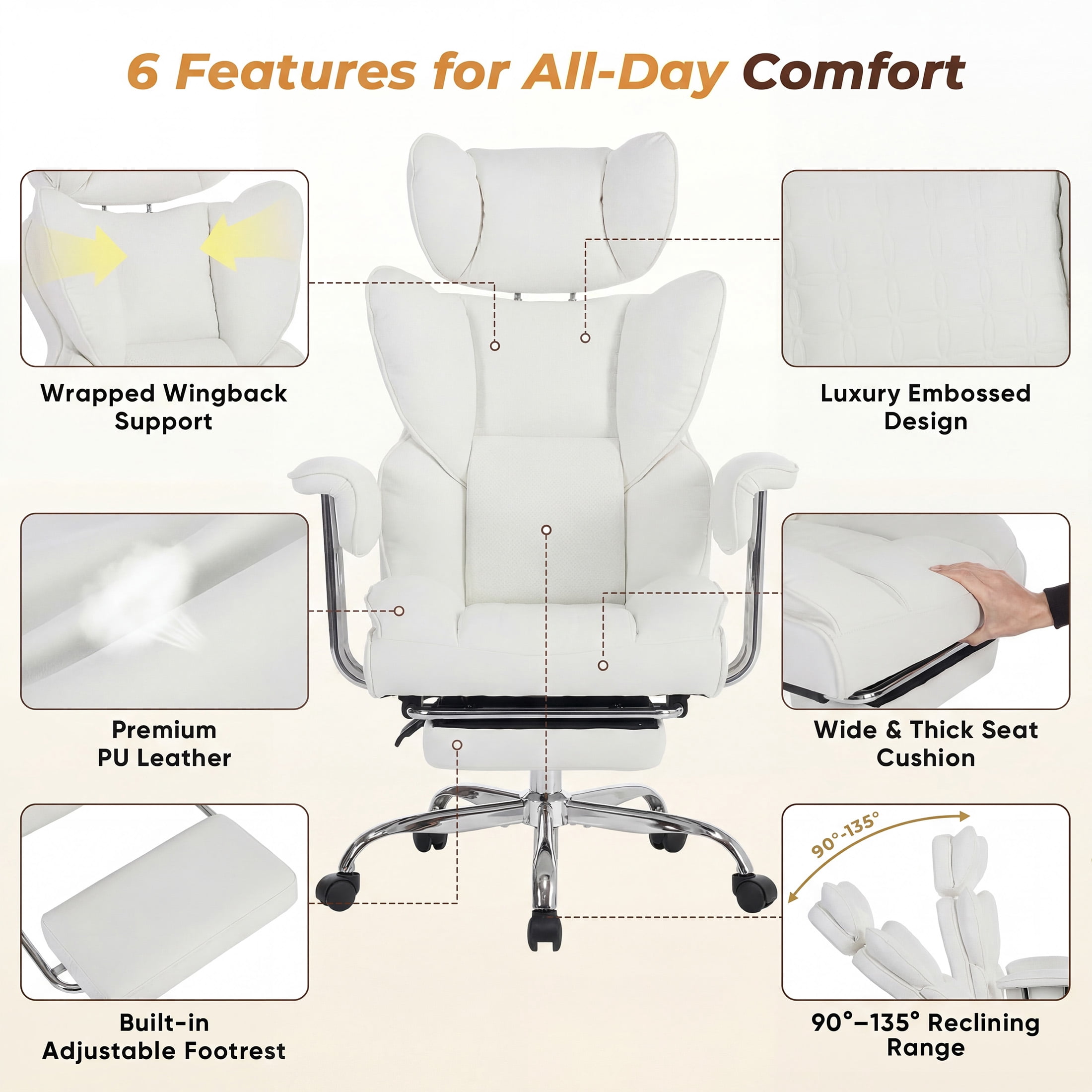 CONCETTA Ergonomic Big and Tall Office Chair, Scratch-Resistant PU Leather Executive Desk Chair with Spring Lumbar Support White