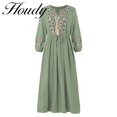 thumbnail image 1 of Fashion Pure Color Round Neck Lace Accessory Dress Loose Temperament Sleeve Embroidered Cotton Linen Dress Factory Direct SalesL Gao Jinjia LED, 1 of 2