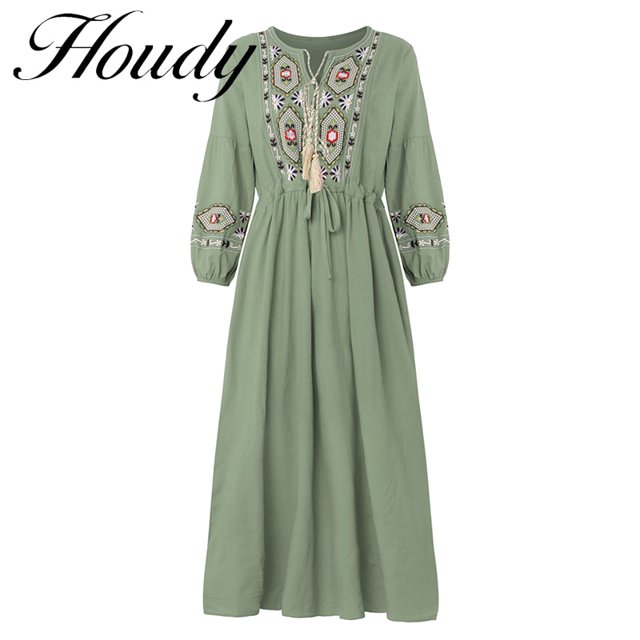 Fashion Pure Color Round Neck Lace Accessory Dress Loose Temperament Sleeve Embroidered Cotton Linen Dress Factory Direct SalesL Gao Jinjia LED