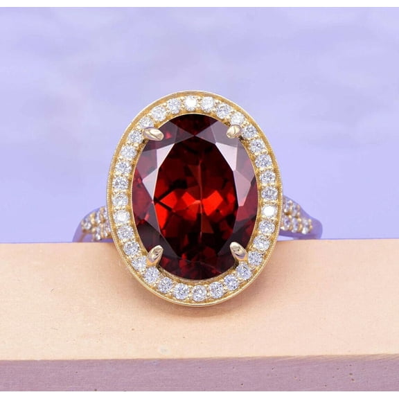 Aishvi Jewels 4Ct Oval Cut Lab-Created Red Garnet Halo Engagement Ring 14K Yellow Gold Plated