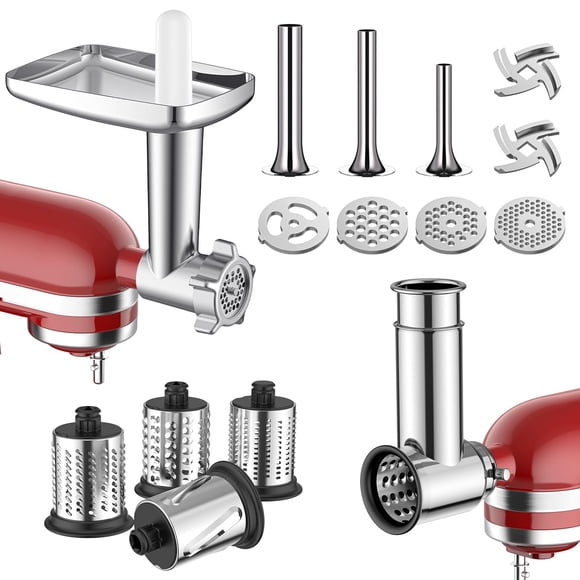 Hachoir à Viande et Trancheur en Acier Inoxydable, Accessoire Déchiqueteur pour Batteur sur Socle Kitchenaid - Garniture pour Saucisses, Trancheur Alimentaire, Déchiqueteur, Râpe à Fromage et Salade