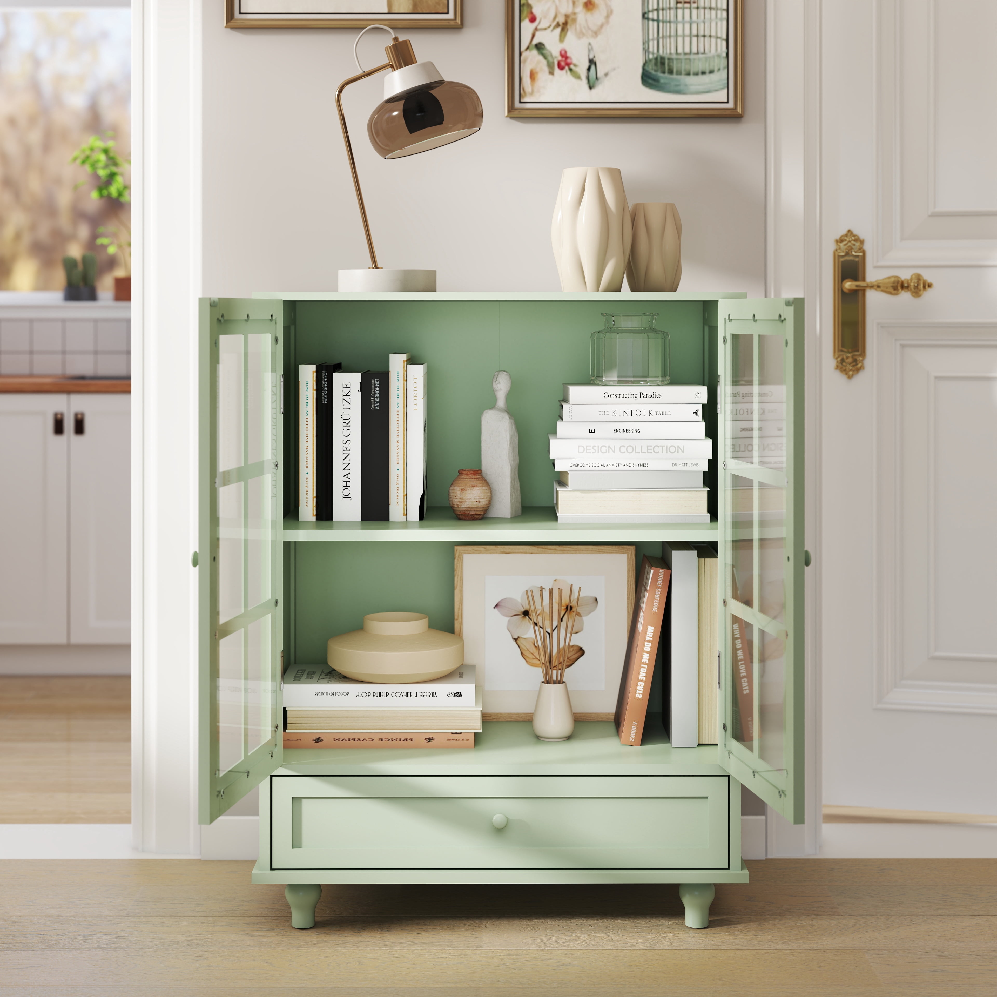Minimalism Buffet Cabinet with Double Glass Doors and Drawer, Modern Wooden Storage Sideboard Cupboard for Living room, Dining Room Hallway Entryway (Mint Green)