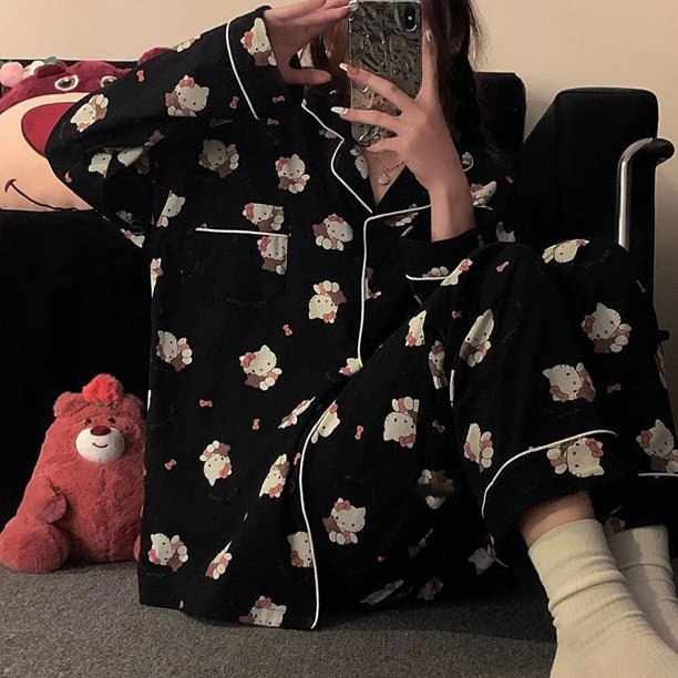 Sanrio-Conjunto de ropa de dormir de Hello Kitty para mujer, Top de manga larga, camisa y pantalones, ropa de casa de moda, pijamas lindos, traje de dormir negro Y2k, 2 piezas