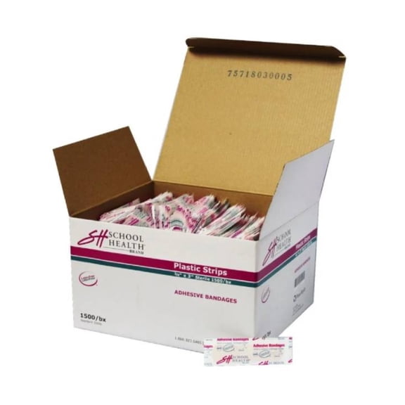 School Health Adhesive Bulk Bandages, Wound Care for Minor Cuts and Scrapes, Plastic, 3/4" x 3" 1500 Count
