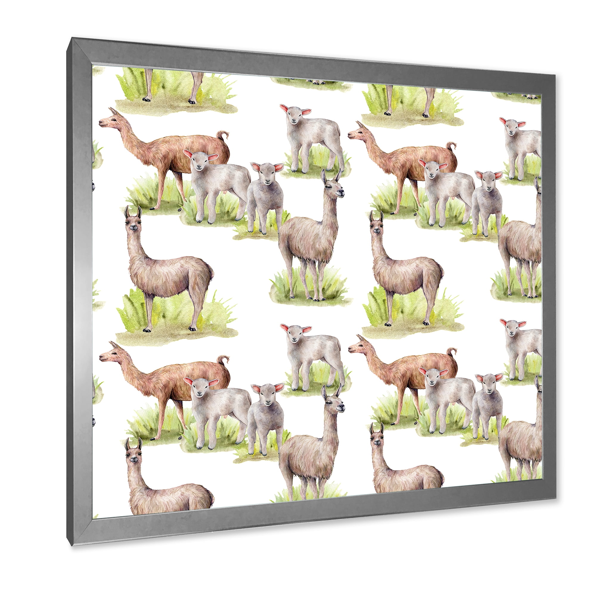 Designart 'Lambs and Lamas On A Green Meadow' Farmhouse Framed Art Print
