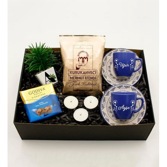Personalized Patterned Blue Cup & Tealight Candle & Godiva Chocolate & Mehmet Efendi Turkish Coffee & Personalized Artificial Mini Pot Gift Set
