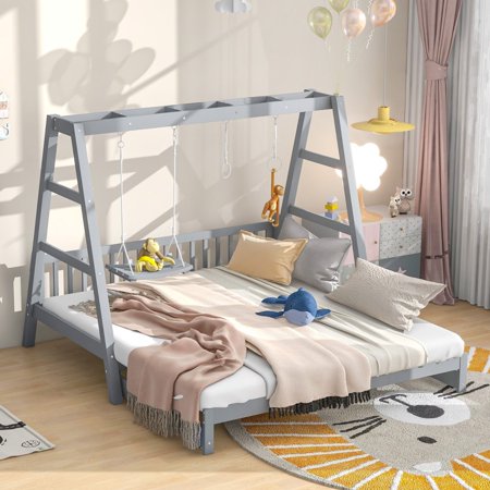 Gzxs Extendable Twin Daybed with Swing and Ring Handles  Double Twin Size Bed  Wooden Daybed with Trundle for Kids Girls Boys (Gray)