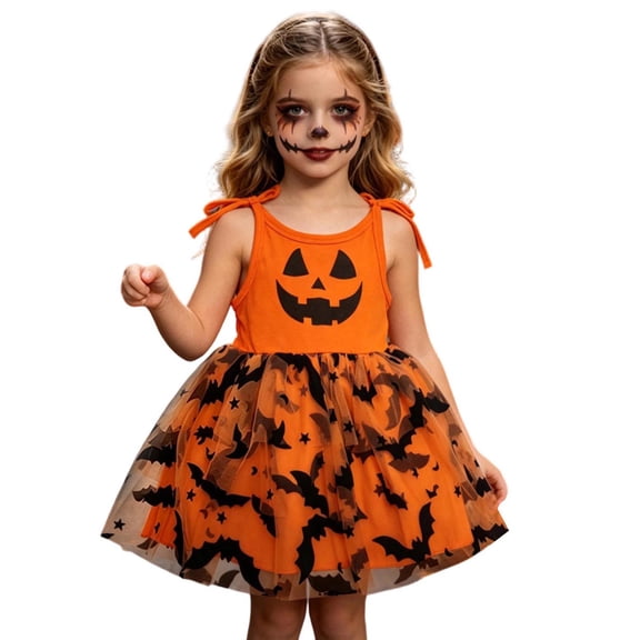 Gunia Halloween Role Play Dresses For Girls Relaxed Fit Bat Print Mesh Dresses Toddler Sleeveless Suspender Festival Party Dress Up Outfits Size 6-12 Months