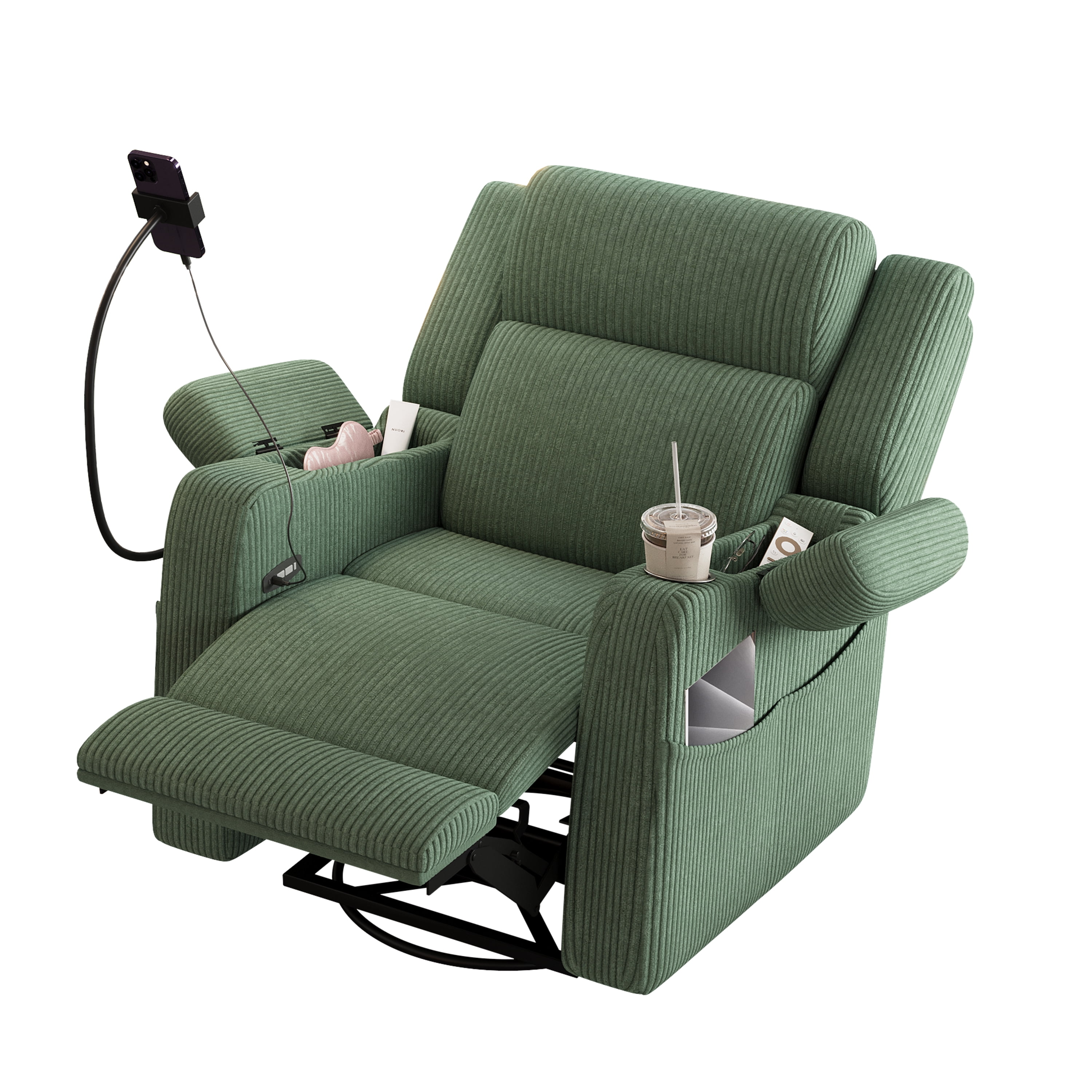 Mintazer Electric Power Recliner Chair with Heat & Massage, 270°Swivel Rocker Recliner with Phone Holder & USB and Hidden Storage for Living Room, Green