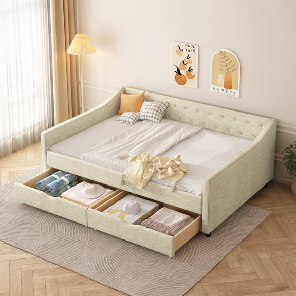 imerelez Full Size Daybed with Drawers Upholstered Tufted Sofa Bed, with Button on Back and Piping on Waved Shape Arms-Beige