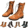 thumbnail image 4 of XIMIN Women's Combat Boots Elegant Mid Calf Boots Vintage Flower Design Lace Up Leather Chunky Block Mid Heels High Flat Boots Wide Calf Round Toe Boots, 4 of 4