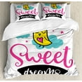 thumbnail image 1 of Dream Duvet Cover Set Queen Size, Cartoon Style Nursery Sleppy Owl with Sweet Dreams Quote Clouds and Stars, 3 Piece Bedding Set with 2 Pillow Shams, Yellow Blue Pink Black, by Ambesonne, 1 of 3