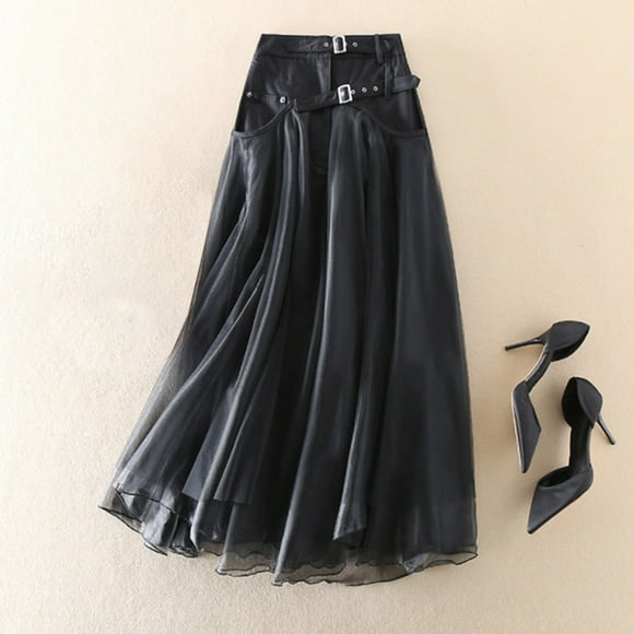 Taylonsss Womens High Waist A-Line Flared Midi Skirt Sheer Mesh Patchwork Slimming Flowy Korean Japanese Style Fashion Outfit