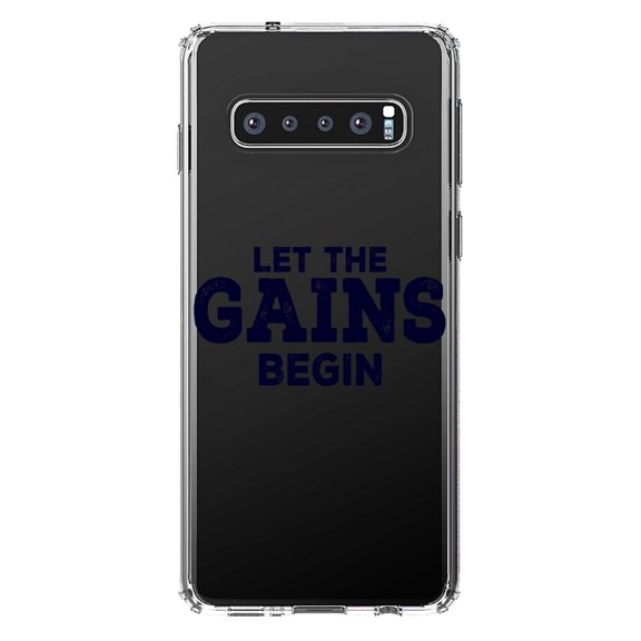 DistinctInk Clear Shockproof Hybrid Case for Samsung Galaxy S10  PLUS (6.4" Screen) - TPU Bumper Acrylic Back Tempered Glass Screen Protector - Let the Gains Begin