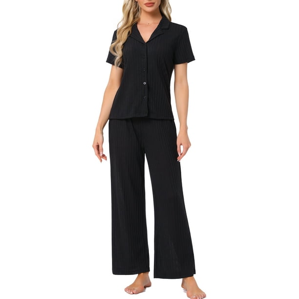 Conjunto de lounge para mujeres INSPIRE CHIC, conjunto de pijama de punto sólido, manga corta, pantalones largos, 2XL, negro