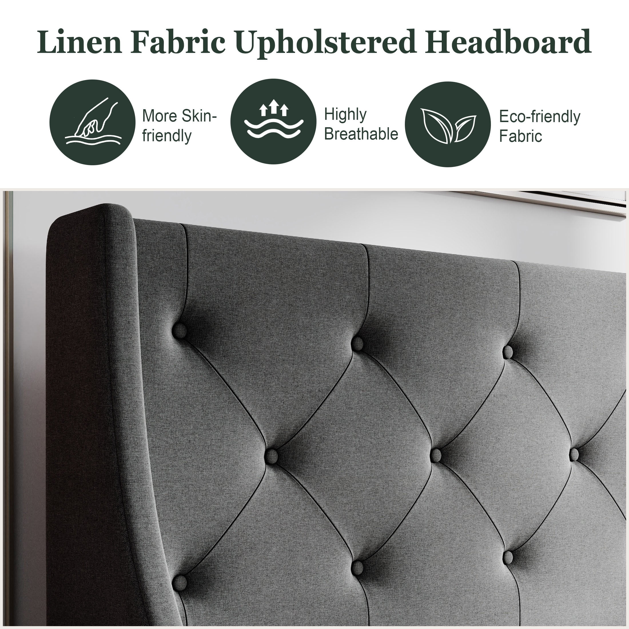 Amolife Queen Size Upholstered Platform Bed Frame with 4 Storage Drawers & Fabric Tufted Wingback Headboard, Dark Gray
