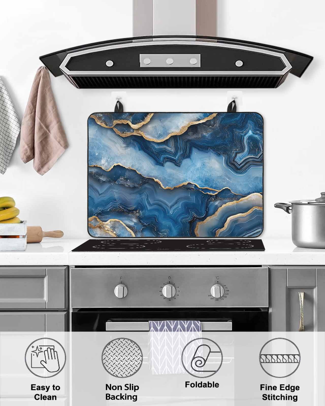 nqOlkjepod Large Induction Cooktop Protector Mat 24"x21", Blue Marble Stove Top Covers for Electric Stove, Contemporary Abstract Golden Foil Texture Stove Burner Cover Mats, Glass Top Stove Cover