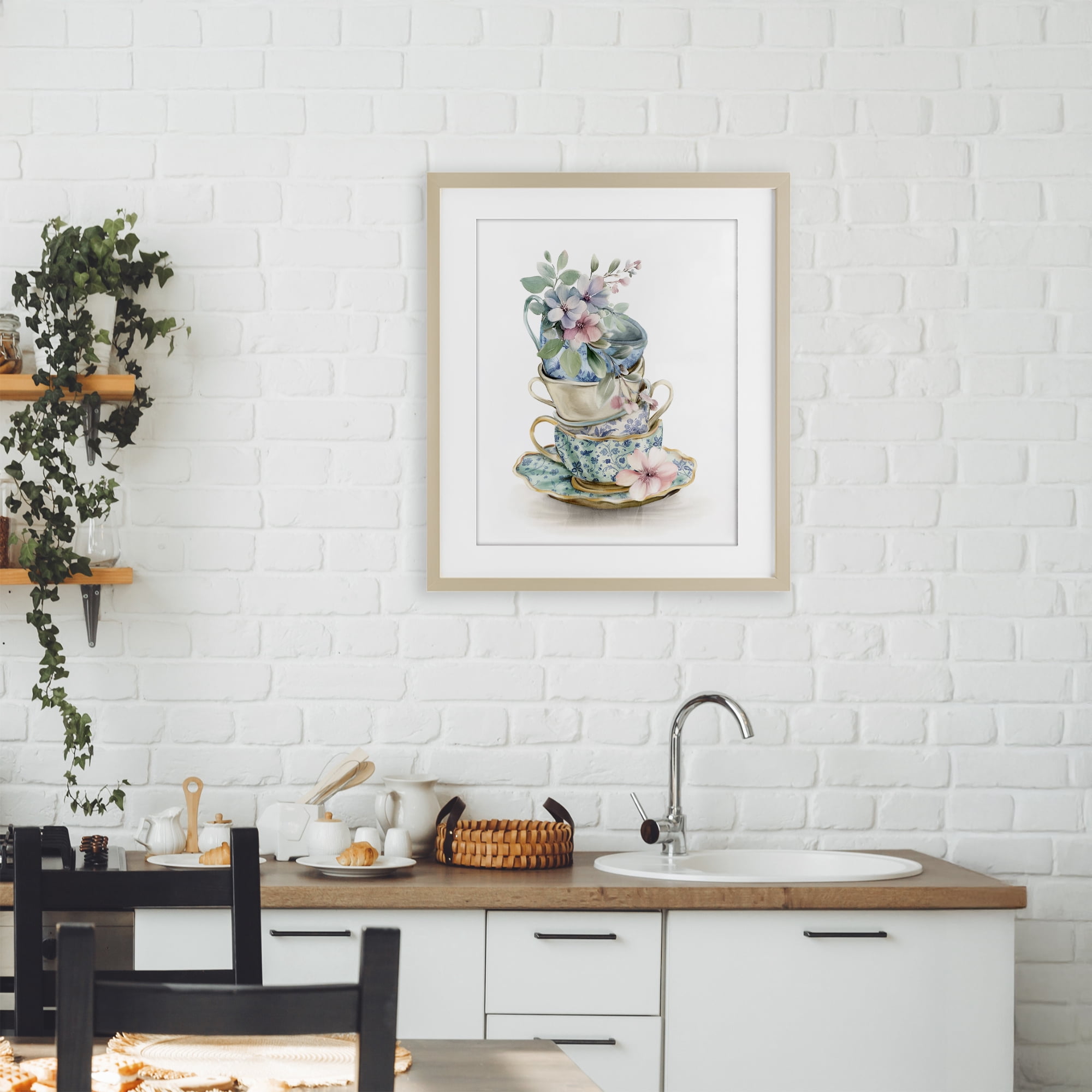 Stupell Industries Floral Teacup Chinoiserie Birch Framed Print Under Glass, design by Kim Allen