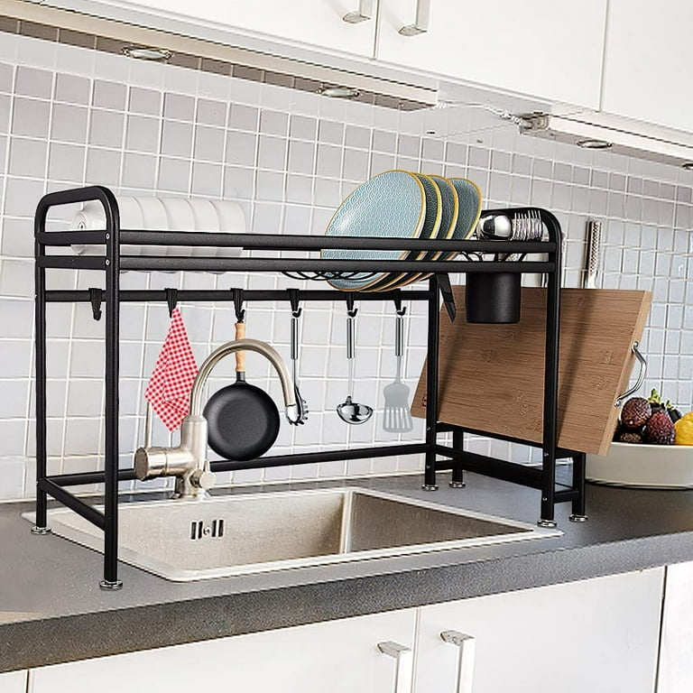 Over Sink Dish Drying Rack with 6 Free Hooks, Double Thick 304