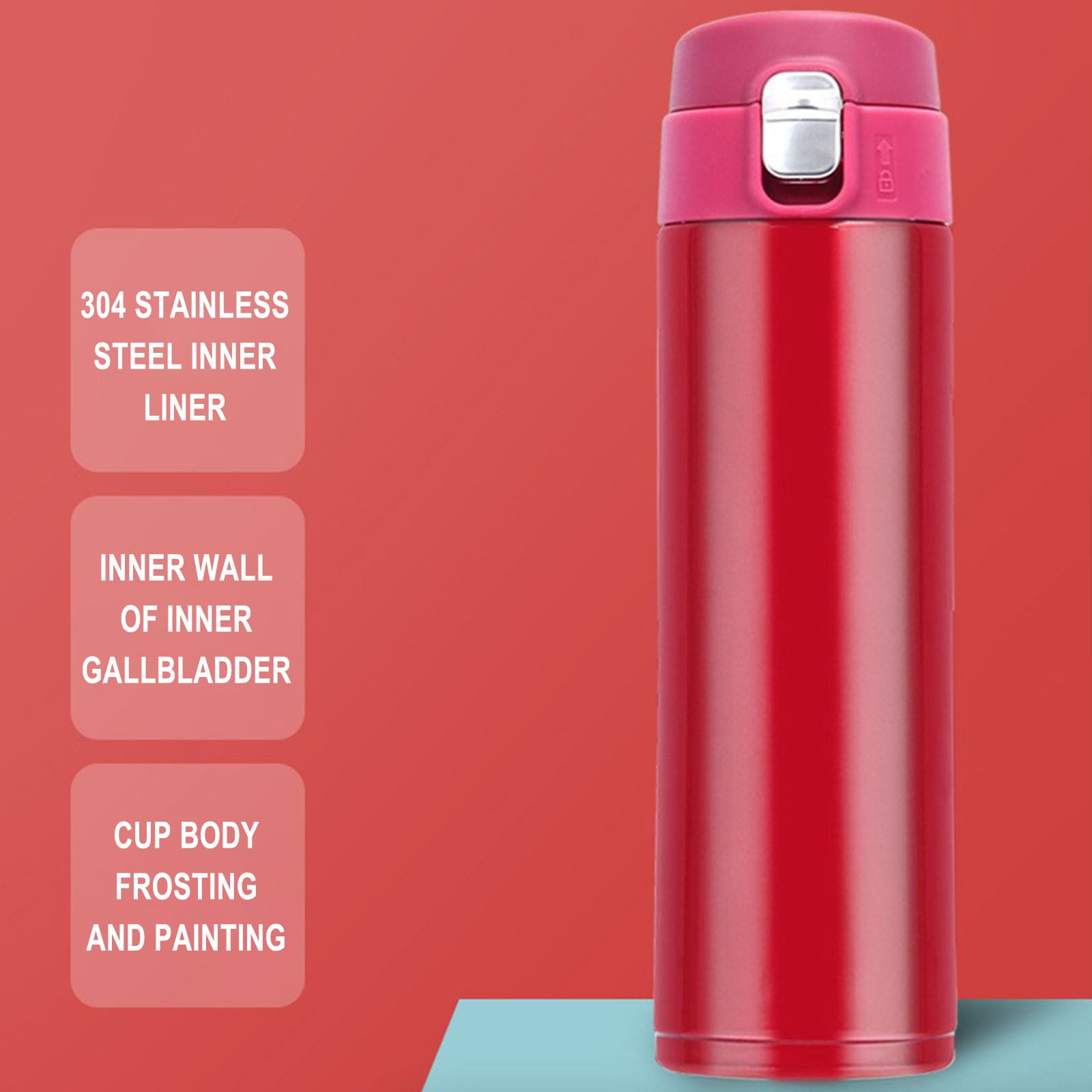 Loyerfyivos 500 Ml Insulated Water Bottle, Stainless Steel Thermo Coffee Travel Mug, Thermal Cup with Push Button Lid, BPA Free for Hot Drinking, Red