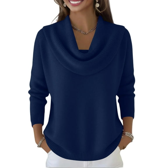 Lumtrix Cowl Neck Sweater For Women Long Sleeve Ribbed Knit Tops Cozy Sweaters Casual Loose Pullover Winter Fashion Clothing Dark Blue S