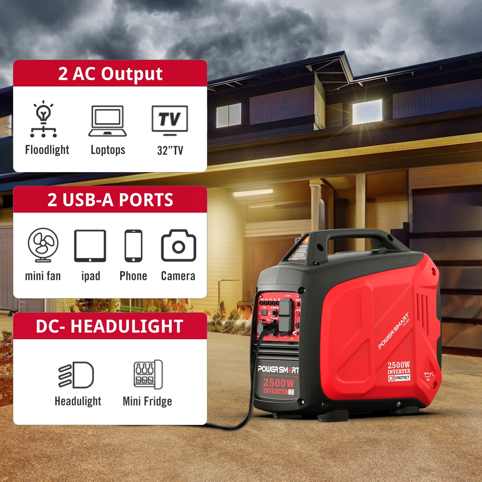 PowerSmart 2500W Portable Gas Fuel Inverter Generator CO Detect with Manual Start Outdoor Camping