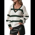 thumbnail image 1 of Suéter de Punto A Rayas para Mujer, Otoño Invierno, Moderno, Informal, Cuello en V, Jersey de Crochet, Tops con Bloques de Color. Negro L, 1 of 9