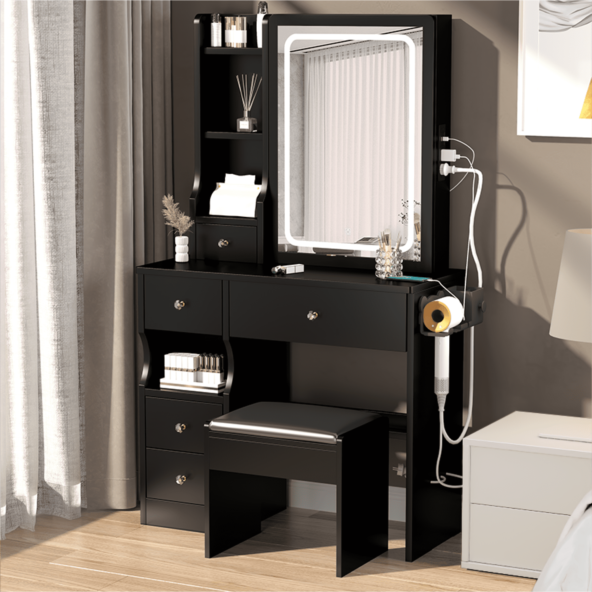 Left Drawer Desktop Vanity Table + Cushioned Stool Touch Control Sliding LED Mirror