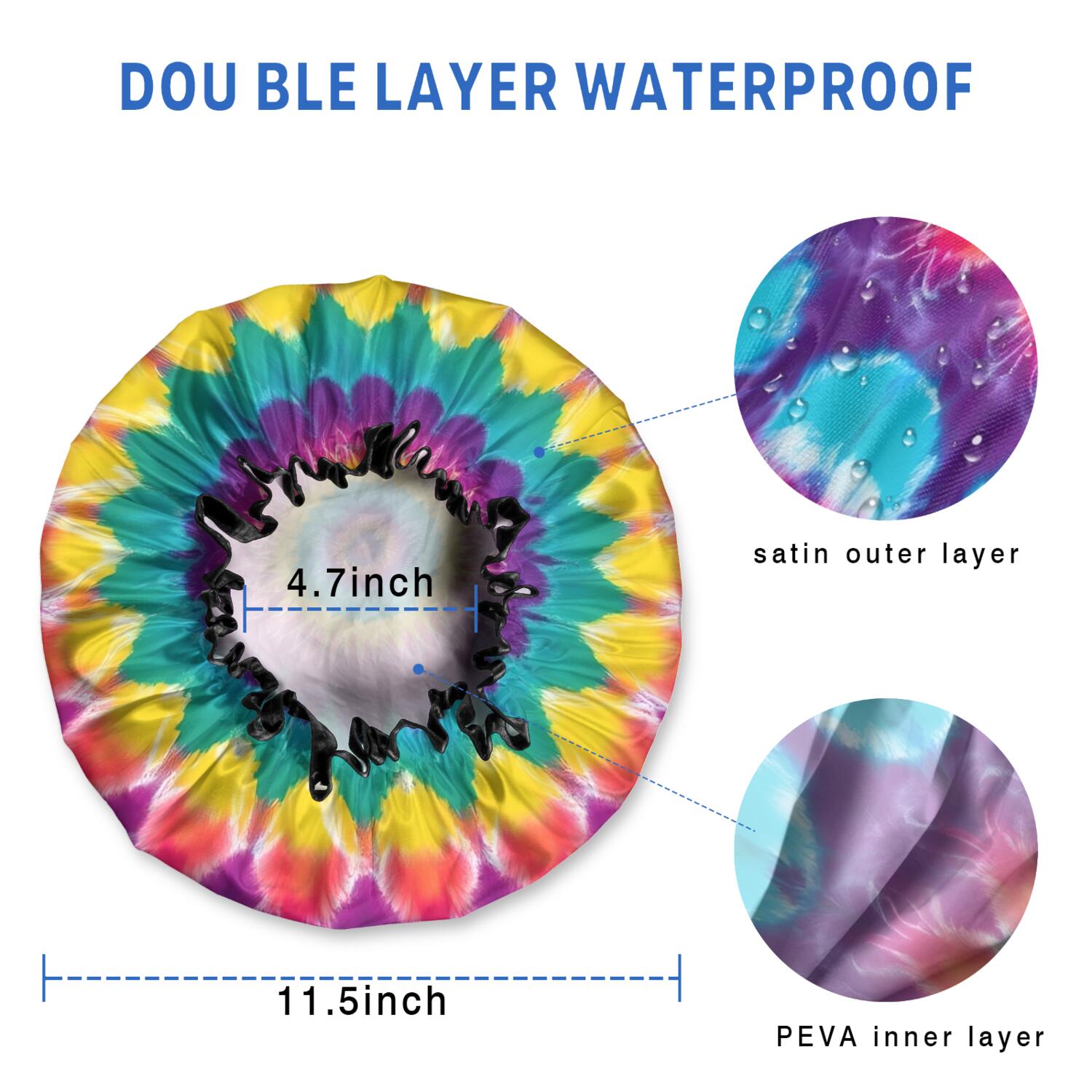 Shower Caps,Rainbow Tie Dye Radial Pattern Waterproof Shower Cap for Women 4 Pieces,Double Reusable Hair Cover for Shower PEVA Elastic Stretch Hem
