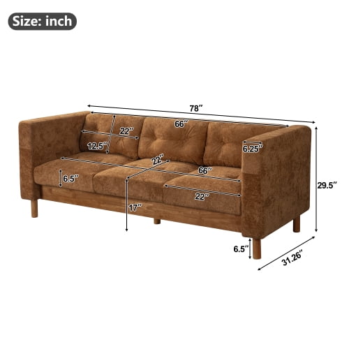 78" Modern 3-Seater Sofa, Chenille Upholstered Couch with Square Arms, Tufted Pillow Back & Walnut Rubber Wood Legs, Multi-Cushion Sofa for Living Room and Apartment, Orange