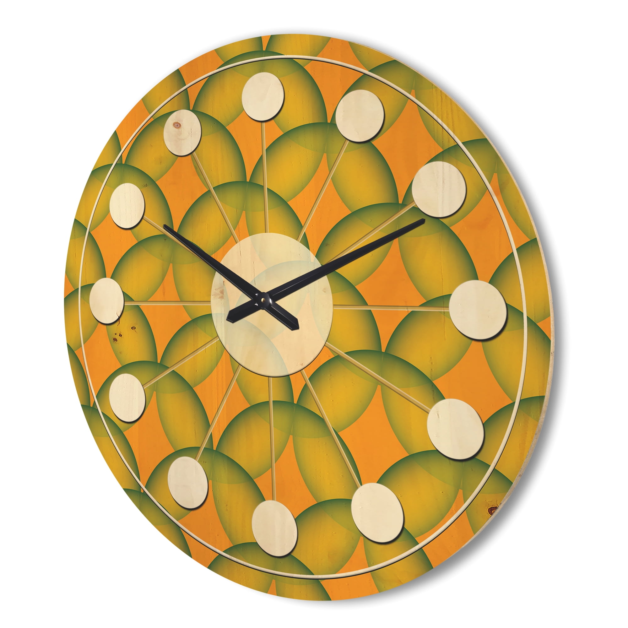 Designart 'Abstract Retro Design In Yellow and Green ' Mid-Century Modern Wood Wall Clock