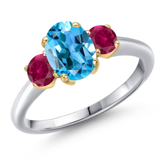 Gem Stone King 925 Silver and 10K Yellow Gold Swiss Blue Topaz and Red Created Ruby Engagement Ring for Women | 2.00 Cttw | Oval 8X6MM | Gemstone November Birthstone | Size 7