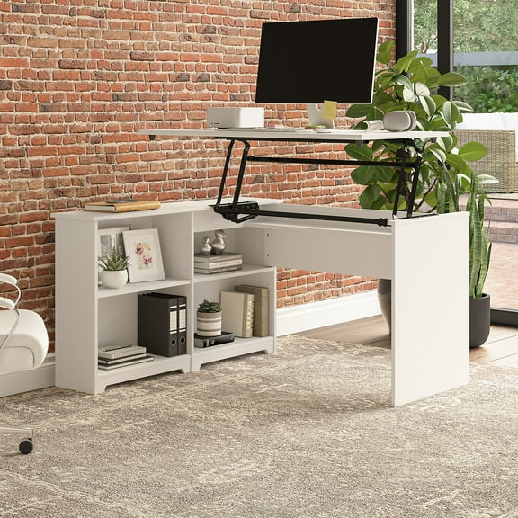 Bush Furniture Cabot 52W 3 Position Sit to Stand Corner Desk with Shelves in White