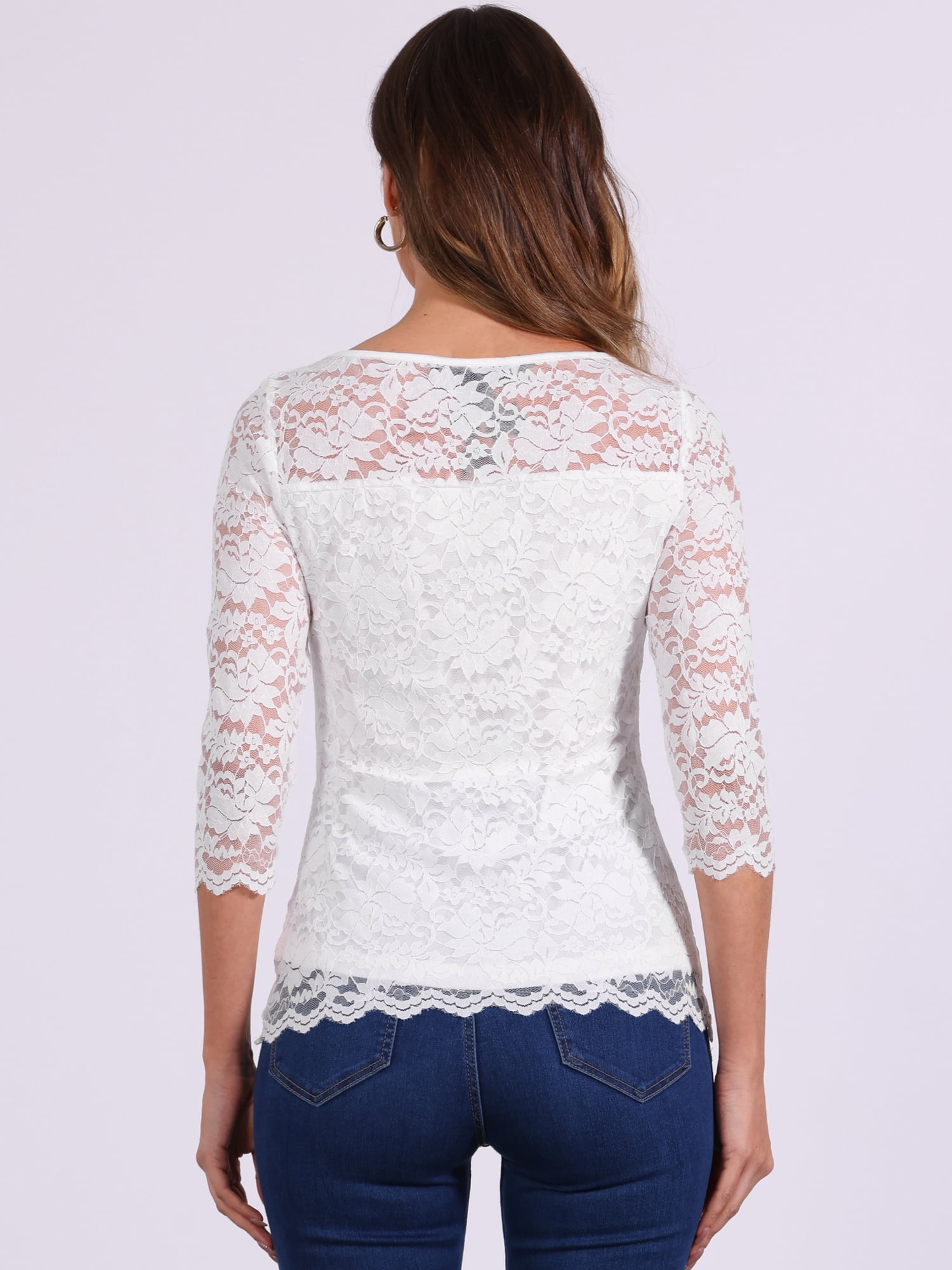 DARING DIVA Women's 3/4 Sleeve Crew Neck Floral Lace Tops M White